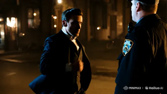 Stylish Confrontation: Man Strikes Policeman on Dimly Lit Street – AI Generated Video | Hailuo AI