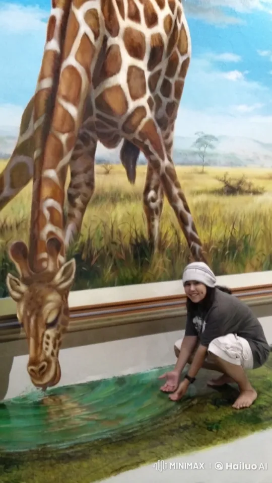 Interactive Art: Person Mimics Animated Giraffe at Water Source – AI Generated Video | Hailuo AI