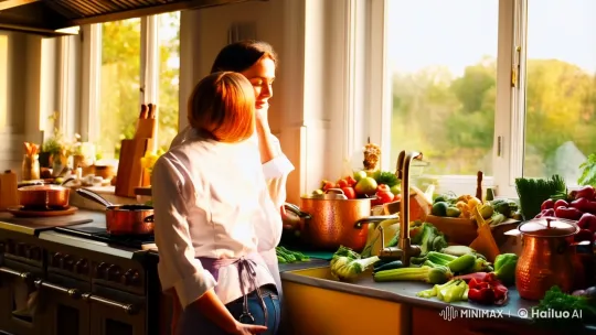 Sunlit Kitchen: A Chef's Romantic Moment – AI Generated Video | Hailuo AI