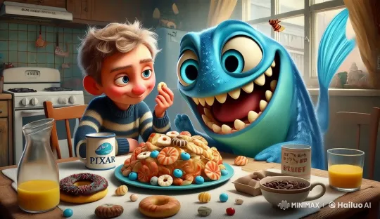 Boy, Creature, and Robot Merchant Exchange Wishes Over Breakfast – AI Generated Video | Hailuo AI