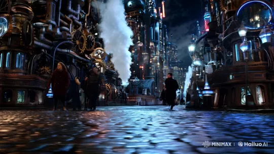 Steampunk City Chase: Detective in Mysterious Neon Glow – AI Generated Video | Hailuo AI
