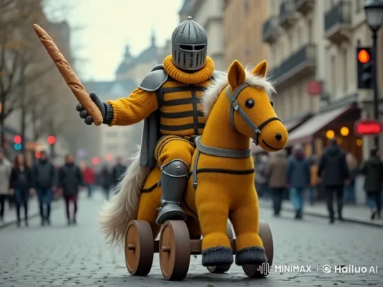 Knight on a Knitted Horse in Bustling City Street – AI Generated Video | Hailuo AI