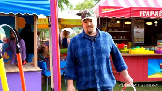 Man Enjoys Ring Toss Game at Lively Outdoor Fairground – AI Generated Video | Hailuo AI