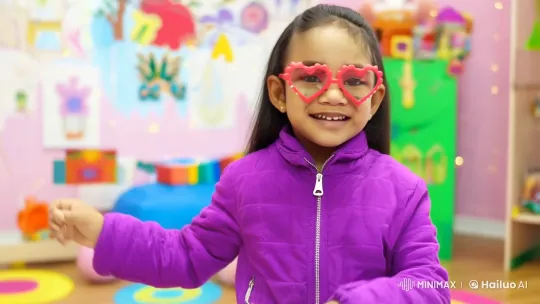 Joyful Girl Dancing with Heart-Shaped Glasses – AI Generated Video | Hailuo AI