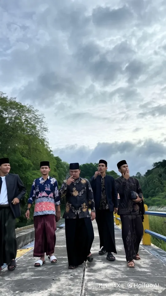 Traditional Men Stroll Across Bridge in Serene Setting – AI Generated Video | Hailuo AI