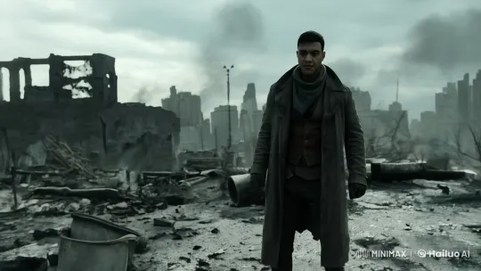 Resilient Survivor Stands Amid Post-Apocalyptic Ruins – AI Generated Video | Hailuo AI