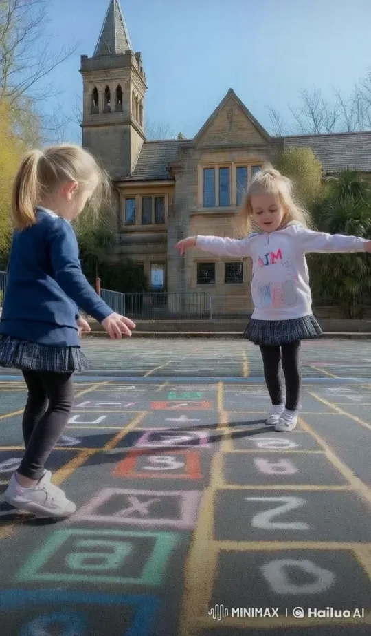 Children Play Kung Fu-Inspired Hopscotch in Front of Building – AI Generated Video | Hailuo AI