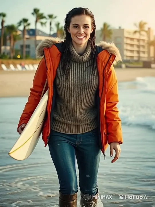 Woman Surfs Through Sunset with Live2D Animation – AI Generated Video | Hailuo AI