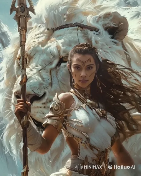Mystical Warrior and Flowing Lion in Heavenly Light – AI Generated Video | Hailuo AI