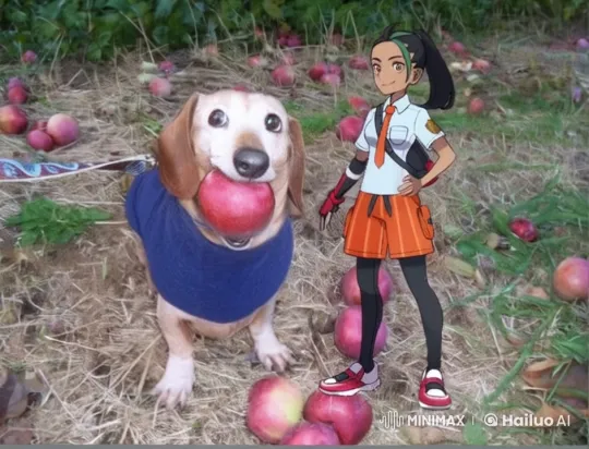 Cute Dog and Character Play in Apple Orchard – AI Generated Video | Hailuo AI