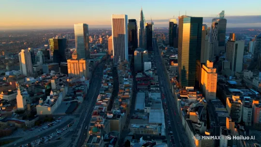 Sunset Aerial Panorama of Bustling Metropolis – AI Generated Video | Hailuo AI