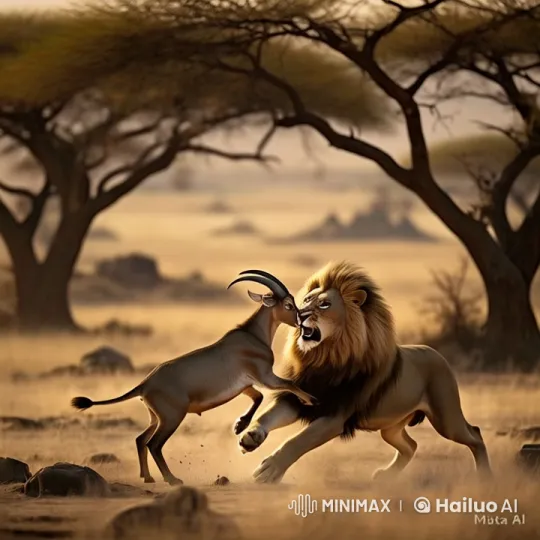 Goat Triumphs Over Lion in Dramatic Savanna Battle – AI Generated Video | Hailuo AI