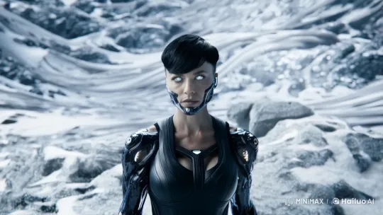 Cybernetic Woman Stares into Camera on Alien Snowscape – AI Generated Video | Hailuo AI