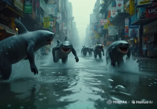 Flooded City Street: Sharks Run Wild in Live2D Animation – AI Generated Video | Hailuo AI