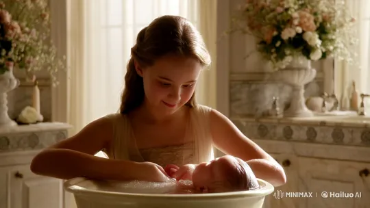 Girl Tenderly Baths Baby in Elegant Bathroom – AI Generated Video | Hailuo AI