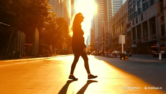 Confident Woman Strides Through Sunlit Cityscape – AI Generated Video | Hailuo AI