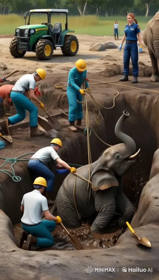 Rescue Team Saves Baby Elephant from Muddy Pit – AI Generated Video | Hailuo AI