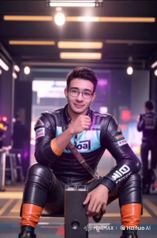 Racing Driver Surprised by Women's Affection in Futuristic Garage – AI Generated Video | Hailuo AI
