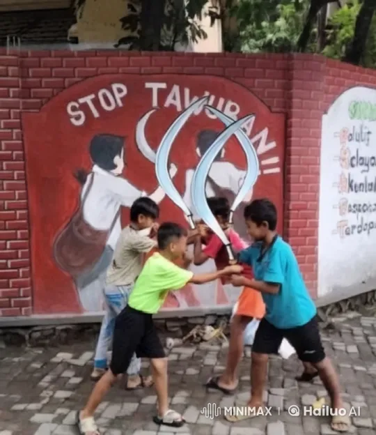 Children Playfully Mimic Sword Fights in Front of 'STOP TAWURAN' Mural – AI Generated Video | Hailuo AI