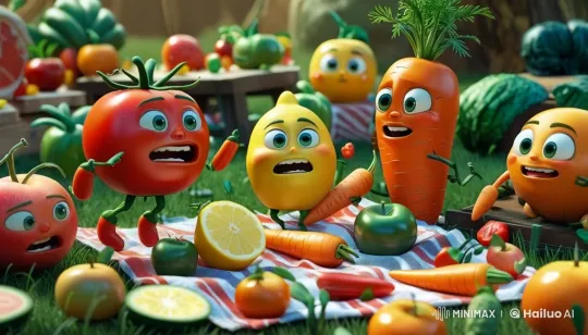 Picnic in the Garden: Animated Veggie and Fruit Gathering – AI Generated Video | Hailuo AI