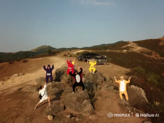 Colorful Onesie-Wearing Group Performs Kung Fu in Scenic Hills – AI Generated Video | Hailuo AI