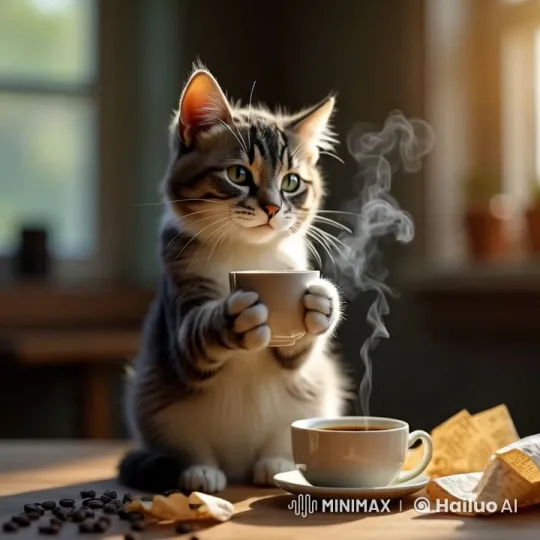 Fluffy Tabby Cat Enjoying Coffee on Table – AI Generated Video | Hailuo AI