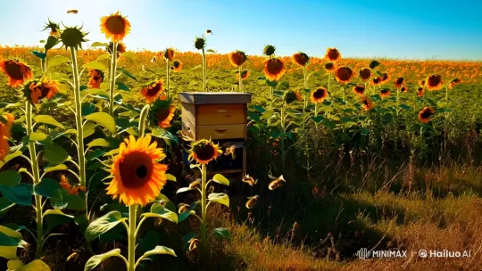 Golden Light: Bees Dance Among Sunflowers – AI Generated Video | Hailuo AI