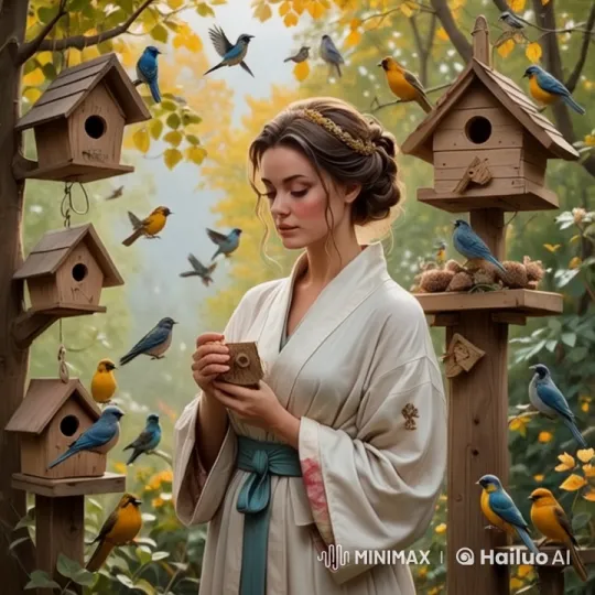 Woman in Kimono Sips Coffee Amidst Birds in Live2D Forest – AI Generated Video | Hailuo AI