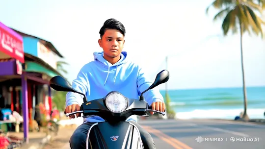 Indonesian Man Rides Scooter on Vibrant Coastal Street – AI Generated Video | Hailuo AI