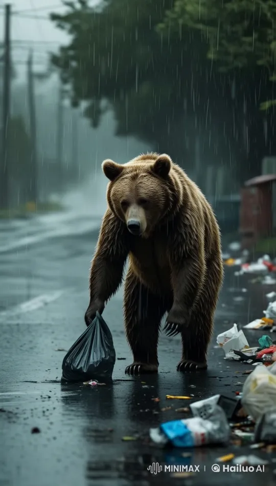 Bear on Rainy Street Amidst Trash Bags – AI Generated Video | Hailuo AI