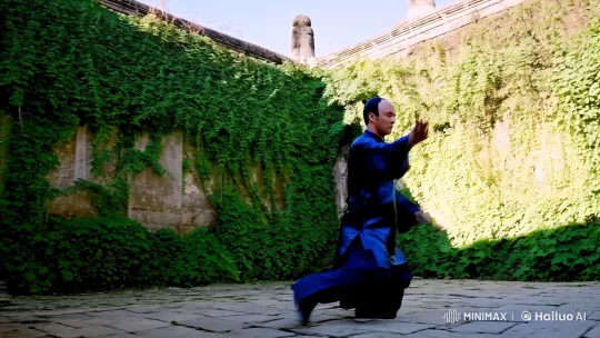 Aesthetic Kung Fu Master Showcases Skill in Serene Courtyard – AI Generated Video | Hailuo AI