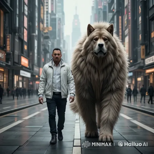 Man Walks with Giant Dog in Urban Cityscape – AI Generated Video | Hailuo AI