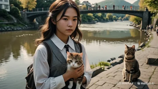 Girl and Cat Moment by Serene Riverside Bridge – AI Generated Video | Hailuo AI