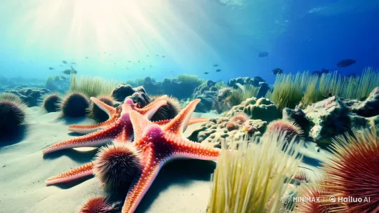 Vibrant Underwater Ecosystem with Glowing Starfish – AI Generated Video | Hailuo AI