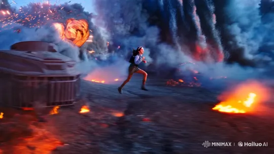 Girl Running Through Chaotic Smoke-Filled Explosion Scene – AI Generated Video | Hailuo AI