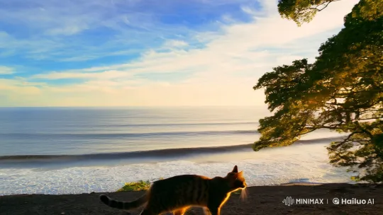 Tranquil Seascape with Strolling Cat and Serene Nature – AI Generated Video | Hailuo AI