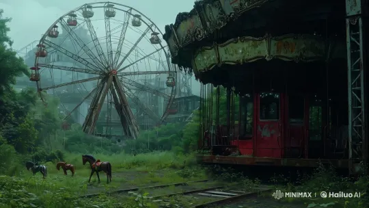 Abandoned Theme Park: Nature's Embrace and Magic's Awakening – AI Generated Video | Hailuo AI