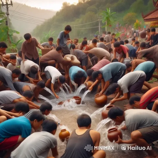 Traditional Water Gathering Activity in Lush Hills – AI Generated Video | Hailuo AI