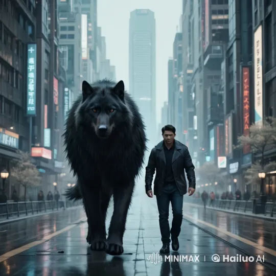 Mysterious Wolf and Man Walk Through Futuristic Cityscape – AI Generated Video | Hailuo AI
