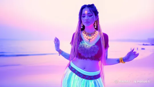 Gypsy Woman Enchants on Neon Goa Beach at Sunset – AI Generated Video | Hailuo AI