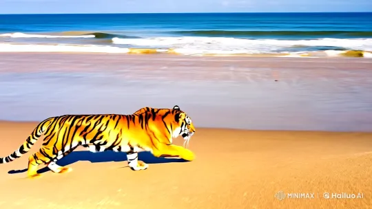 Tiger Sprints on Sunlit Beach in Majestic Cinematic Style – AI Generated Video | Hailuo AI