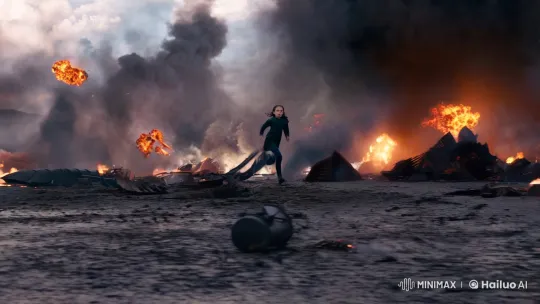 Girl Sprinting Through Chaotic, Explosive Landscape – AI Generated Video | Hailuo AI