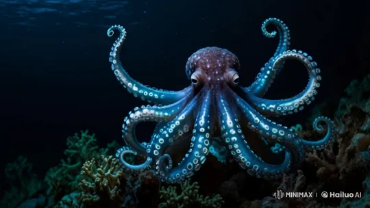 Graceful Octopus in Bioluminescent Deep Blue Abyss – AI Generated Video | Hailuo AI