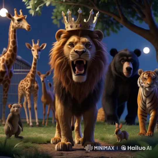 Moonlit Unity: Majestic Lion Leads Animal Chorus – AI Generated Video | Hailuo AI