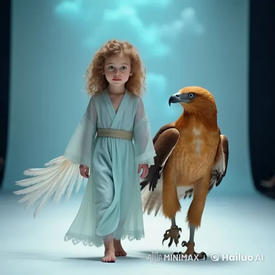 Child Model in Celestial Blue Robe at Fashion Show with Golden Eagle – AI Generated Video | Hailuo AI