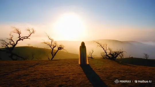 Lone Figure in Golden Twilight Over Vast Land – AI Generated Video | Hailuo AI