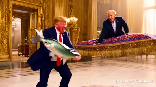 Trump Chases Biden with a Fish on a Magic Carpet – AI Generated Video | Hailuo AI
