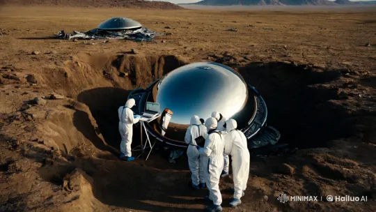 NASA Scientists Investigate Crashed UFO in Remote Landscape – AI Generated Video | Hailuo AI