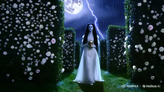 Mysterious Victorian Woman in Enchanted Rose-Laden Maze – AI Generated Video | Hailuo AI
