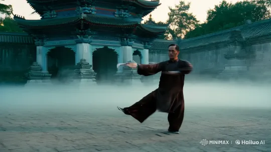 Kungfu Master's Graceful Display in Ancient Temple – AI Generated Video | Hailuo AI